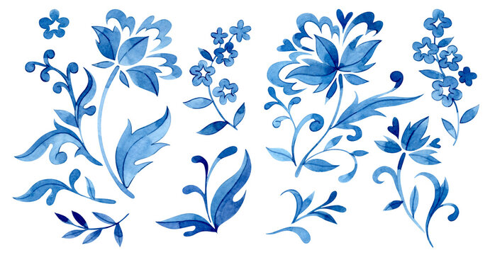 A set of floral ornaments in folk style. Watercolor blue patterns.