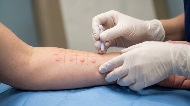 Doctor performs allergy skin prick test on patient's arm with visible reactions