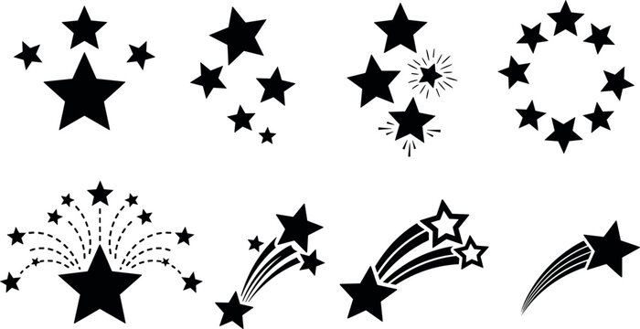 Black star silhouettes collection featuring shooting stars trails circular star bursts celestial clusters fireworks and decorative elements for festive celebrations party invitations and night 