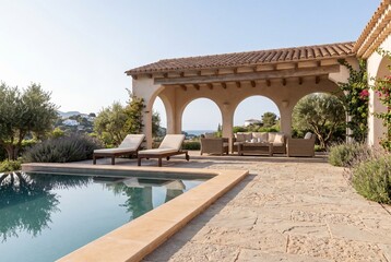 Fototapeta premium Contemporary Poolside Villa Patio for Premium Hospitality Marketing