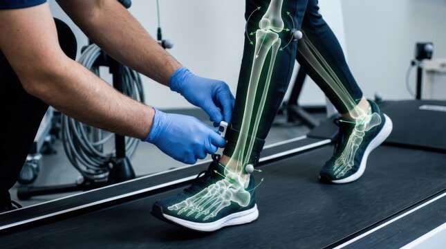 Gait analysis with motion capture markers and skeletal overlay on treadmill