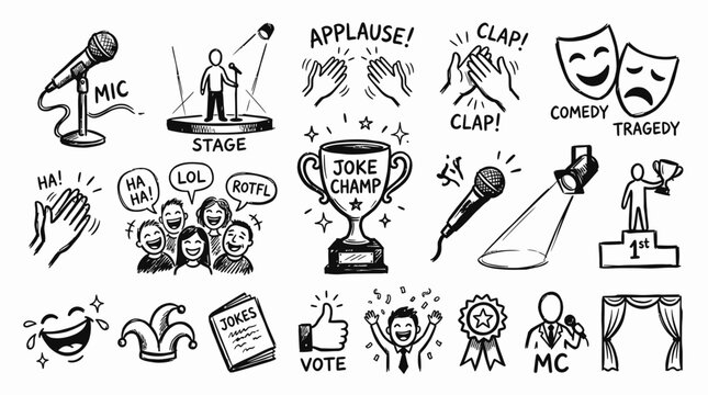 Stand Up Comedy Show Performance Elements Collection Doodle Art