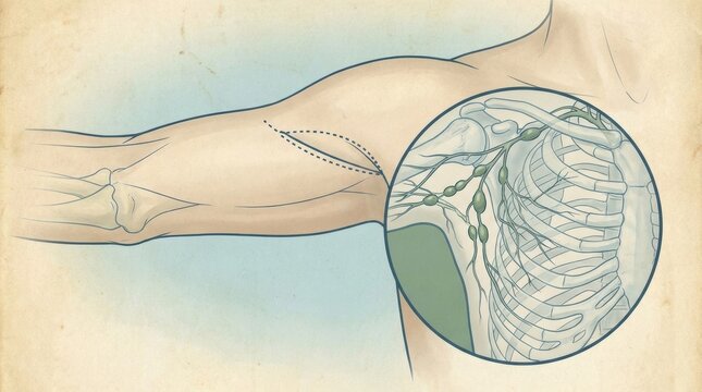 Illustration of the axillary lymph nodes and surgical incision on the arm