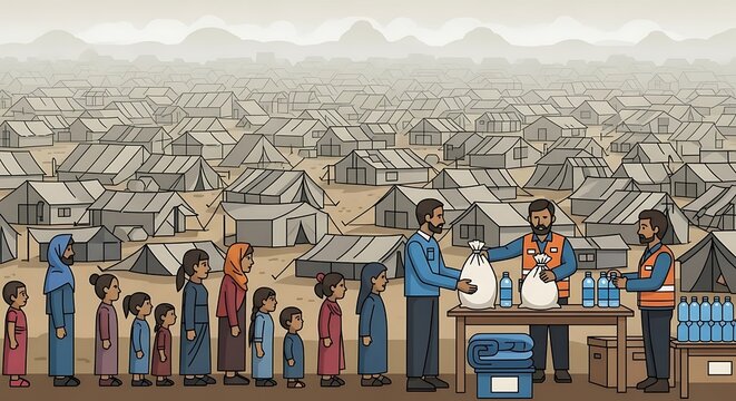 Refugee camp aid line.