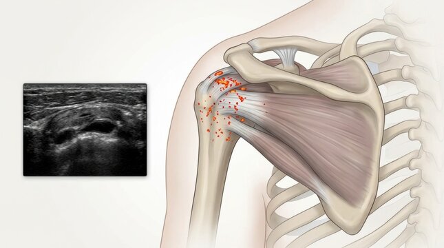 Ultrasound of shoulder showing calcific tendinitis with deposits in the rotator cuff