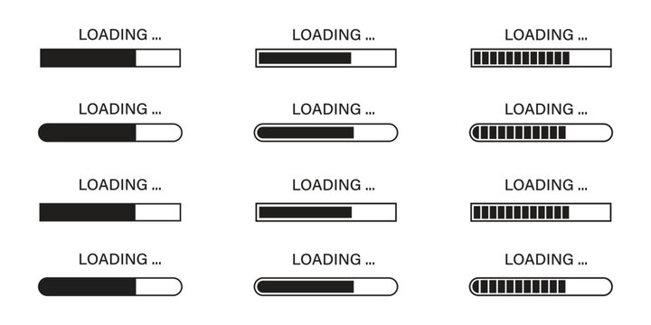 Minimal loading progress bar icon set with loading indicator, spinner animation and progress elements. Editable vector.