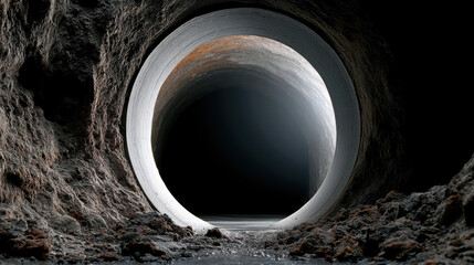 Fototapeta premium Dark underground tunnel concrete pipe textured wall circular opening mysterious damp industrial shadowy high fidelity moody