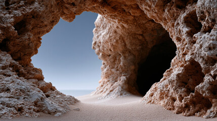 Fototapeta premium Rock cave tunnel sand desert entrance natural formation geology sky. Rock cave tunnel with sandy floor and natural entrance desert landscape
