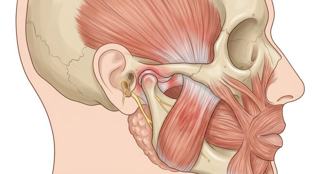Detailed anatomical illustration of the human temporomandibular joint and surrounding muscles