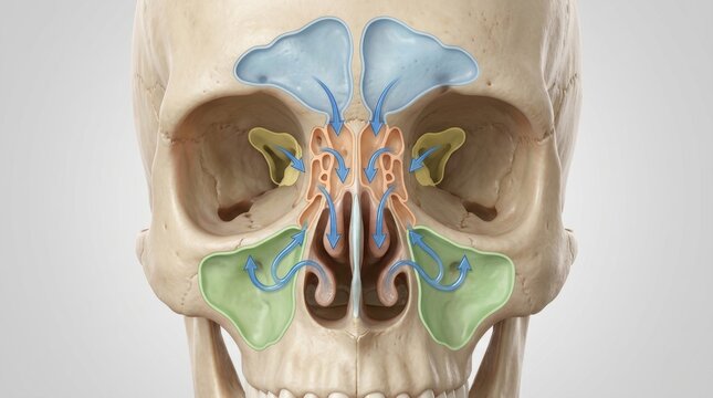 Detailed 3D illustration of human nasal sinuses and airflow pathways