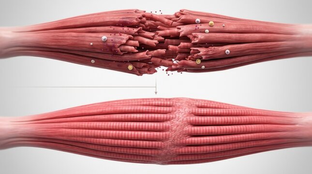Comparison of healthy muscle fibers versus torn muscle fibers with inflammation