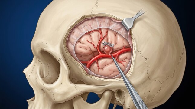 Surgical clipping of a cerebral aneurysm during neurosurgery procedure
