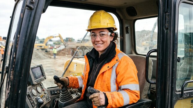 Female construction worker smiling in excavator cab wearing hard hat and safety glasses