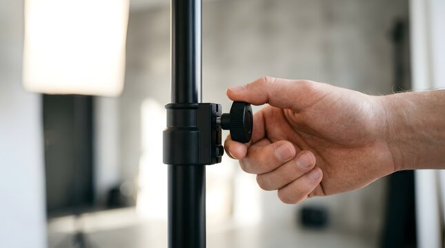 Technician hand tightens a circular knob on a vertical studio lighting stand within a bright room.