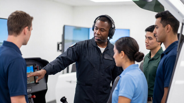 Male flight instructor in black jumpsuit explains cockpit controls to diverse group of students inside a modern aviation training facility with screens in the background