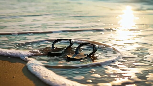 Captures Pair Of Flip Flops On Sandy Beach To Sunrise Sunset Sunlight Casts Warm Golden Hue Scene Creating Reflections In Water Around Sandals