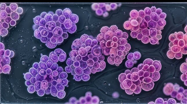 Microscopic View of Purple and Pink Cell Clusters