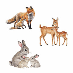 Fototapeta premium Mother animals and their young including a fox, deer, and rabbit are shown in a natural setting.