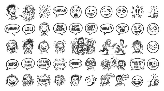 Hand-Drawn Funny Faces and Laughter Icons: Joyful Expressions, Jokes, and Emotions