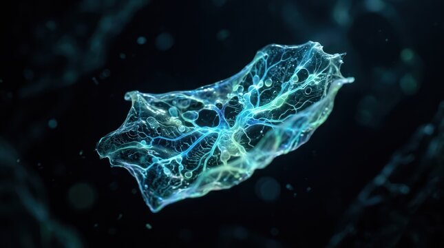 Glowing blue cell membrane with network of neurons on dark background with bokeh effect