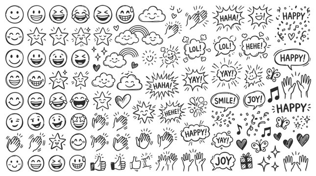 Hand-drawn Emoticons, Stars, Clouds, and Celebration Elements Doodle Set