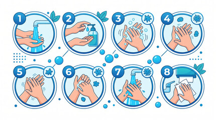 Fototapeta premium Illustrated steps for effective handwashing technique with soap and water, showing hands under running water and various stages of washing process in a clear, instructional format