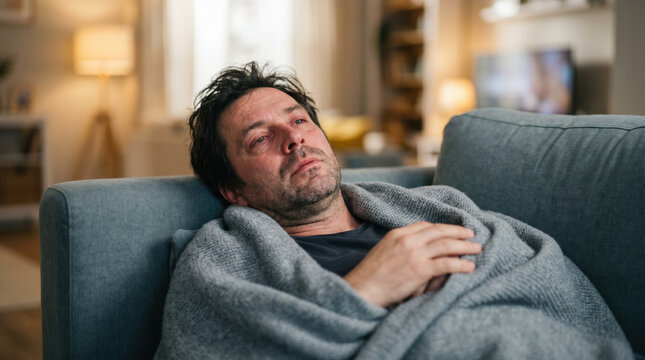 Sick man wrapped in a gray blanket resting on a couch in a cozy living room, displaying symptoms of cold or flu with visible discomfort and fatigue