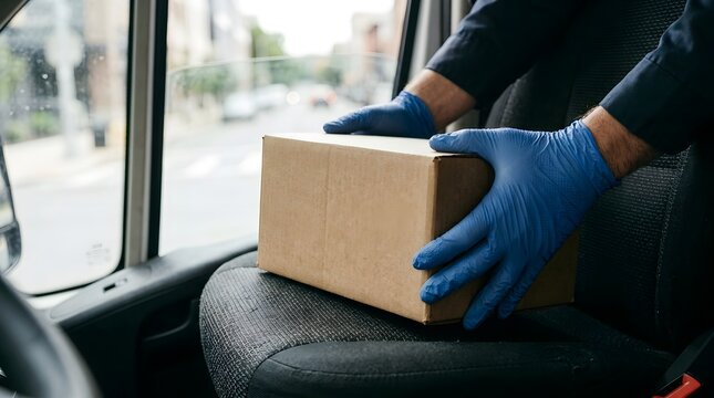 Delivery driver wearing blue nitrile gloves carefully holds a brown cardboard package inside the cab of a commercial vehicle.