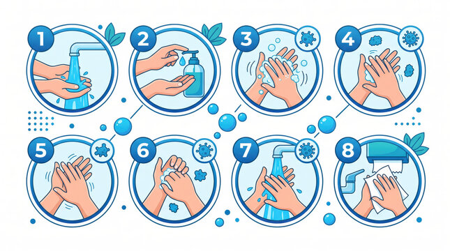 Illustrated steps for effective handwashing technique with soap and water, showing hands under running water and various stages of washing process in a clear, instructional format