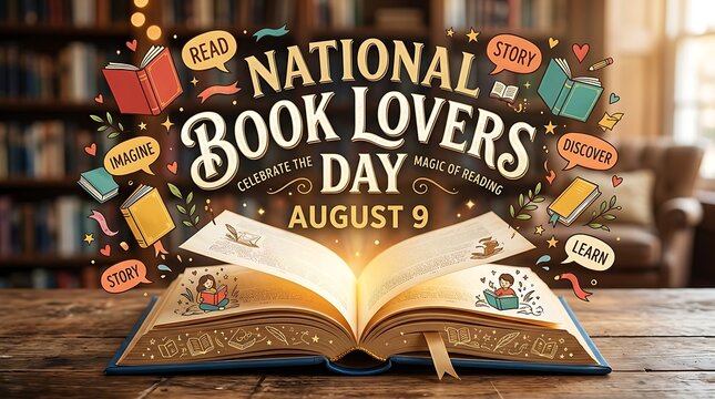 Celebrate national book lovers day with an open storybook surrounded by colorful icons and text
