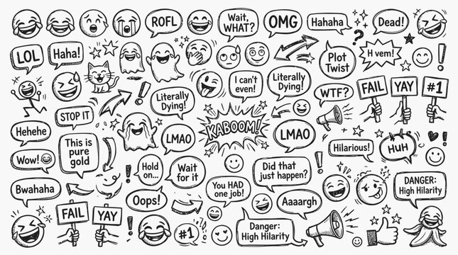 Funny Doodle Icons: Emojis, Speech Bubbles, Text, Memes, Internet Culture