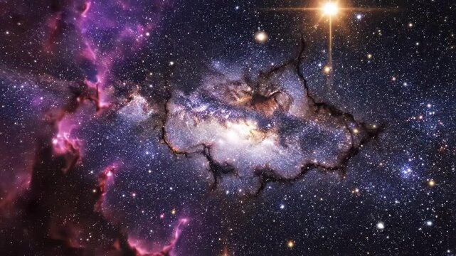 Stunning deep space nebula with vibrant purple and orange cosmic clouds and bright star clusters