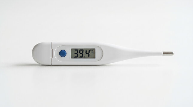 Digital thermometer displaying a temperature of 39.4C on a clean white surface, indicating fever and illness, commonly associated with cold or viral infections