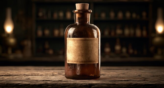 Vintage Apothecary Bottle with Blank Label on Wooden Table