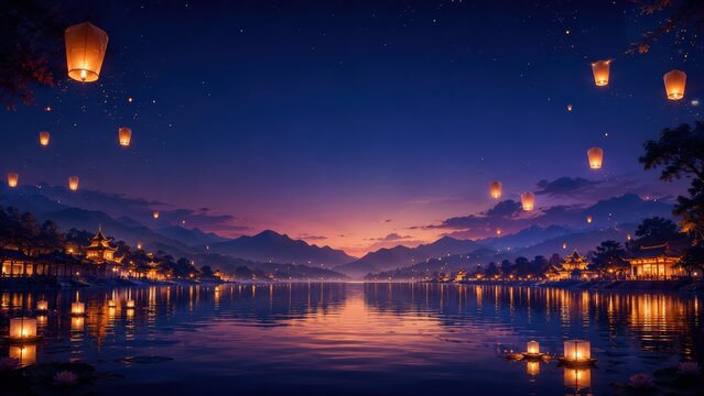 Floating Lanterns Over Lake with Mountain Background at Sunset