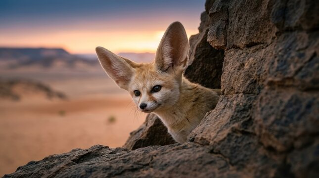 A fennec fox peeking out from behind a rocky outcropping in a desert landscape at sunset