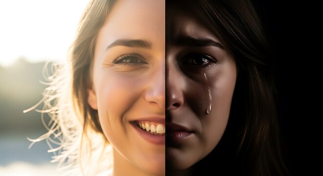 Split personality, duality, contrasting emotion, happy and sad faces, woman smiling and crying, mood swing, feeling duality