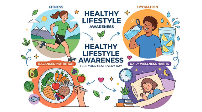 Flat illustration showcasing healthy lifestyle awareness with fitness, hydration, balanced nutrition, and daily wellness habits depicted in separate quadrants against a white background