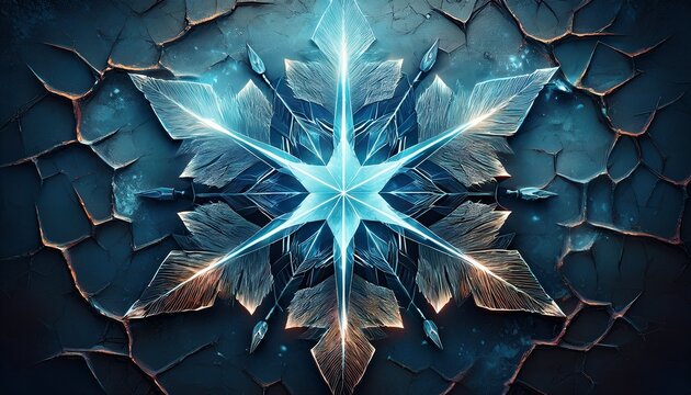 stylized snowflake with scratch texture cracked earth terrain jagged lightning bolt all in art with distressed effects