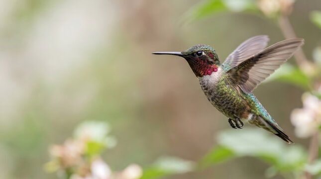 Broad tailed hummingbird hovering in flight with wings spread