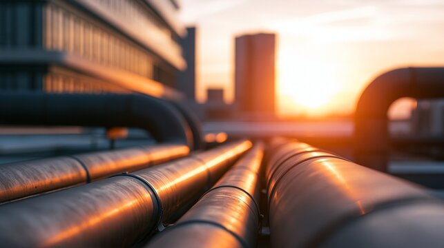 Closeup medium shot of heat recovery pipes linked to a CHP installation on a commercial rooftop natural golden hour glow highlighting sleek building silhouette out of focus.