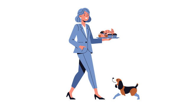 Woman in blue suit walking a dog while holding a cake.