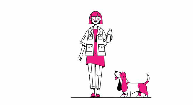 Woman in lab coat walking a dachshund dog.