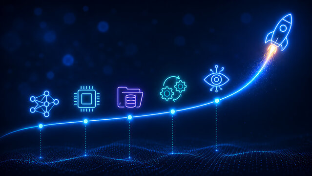 Artificial intelligence technology roadmap with network processor database automation computer vision and rocket illustrating scalable digital innovation growth and transformation