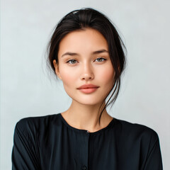 Fototapeta premium Young East Asian woman with long dark hair, clear skin, natural makeup, and black blouse, standing against light background, calm expression