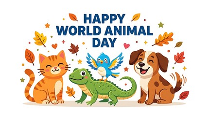 Fototapeta premium Cute cartoon cat dog lizard and bird celebrating happy world animal day with autumn leaves and stars