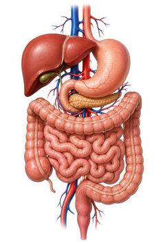 Anatomical illustration of human digestive system with liver stomach intestines and other organs isolated on transparent background