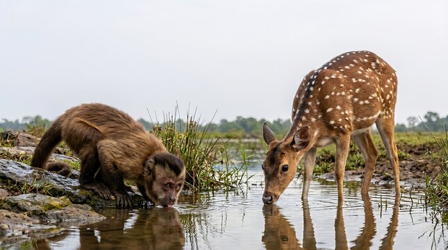 Monkey and deer drinking water together in nature