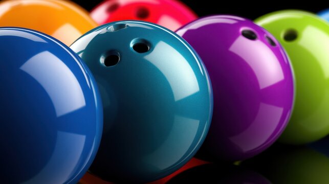 A vibrant lineup of shiny bowling balls in various colors arranged in a row against a dark backdrop