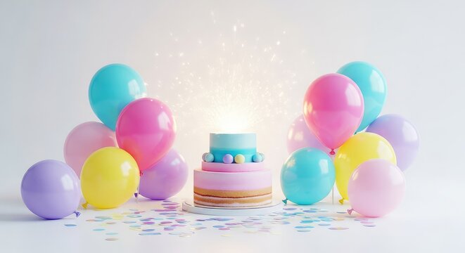 A festive arrangement of soft pastel balloons and a tiered cake surrounded by iridescent confetti and glowing sparkles on a light surface, elegant, surprise, joy